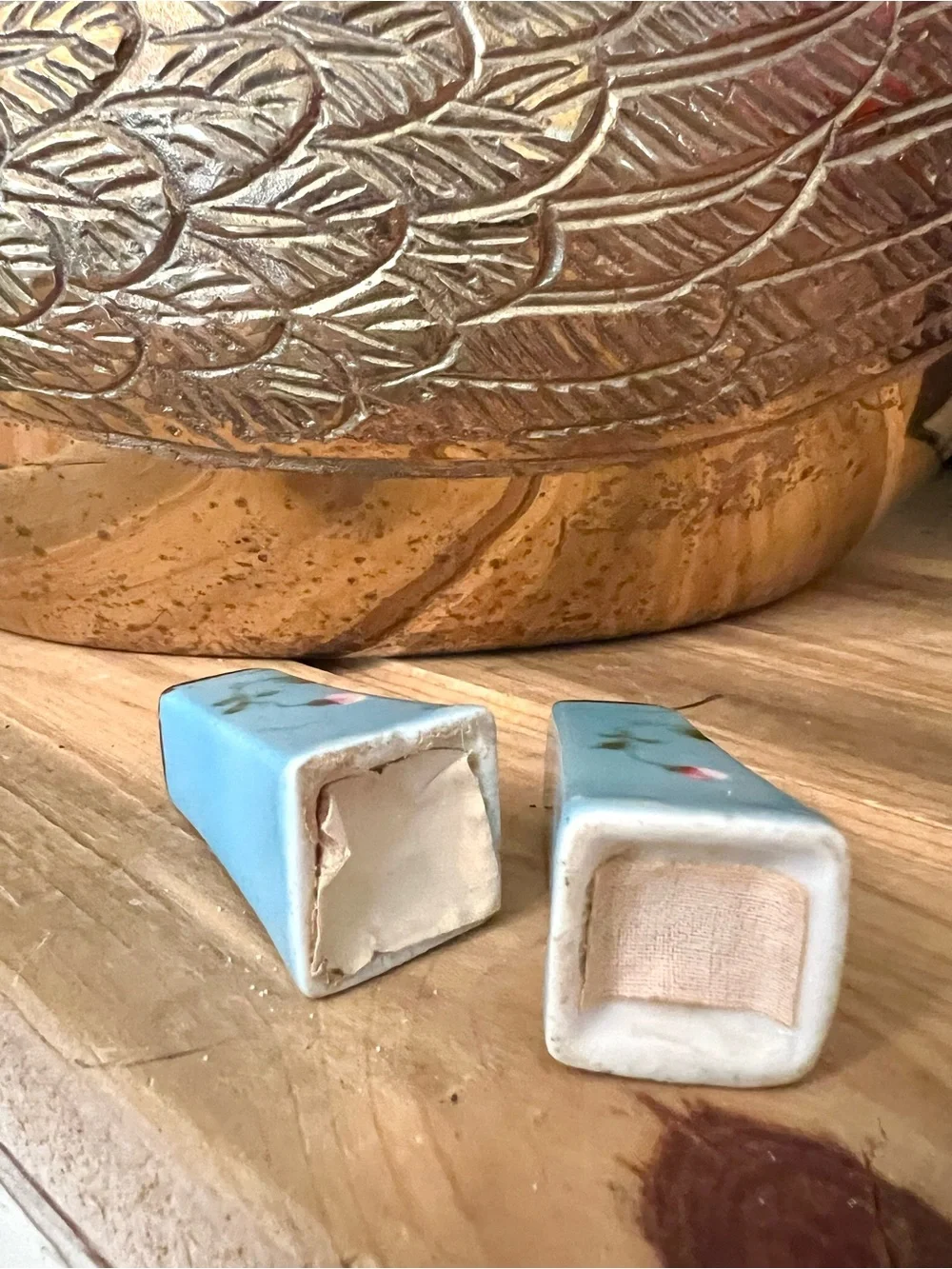 Vintage Salt & Pepper Shakers: Hand-Painted Flowers, Gilding, Blue w/ Pink Rose
